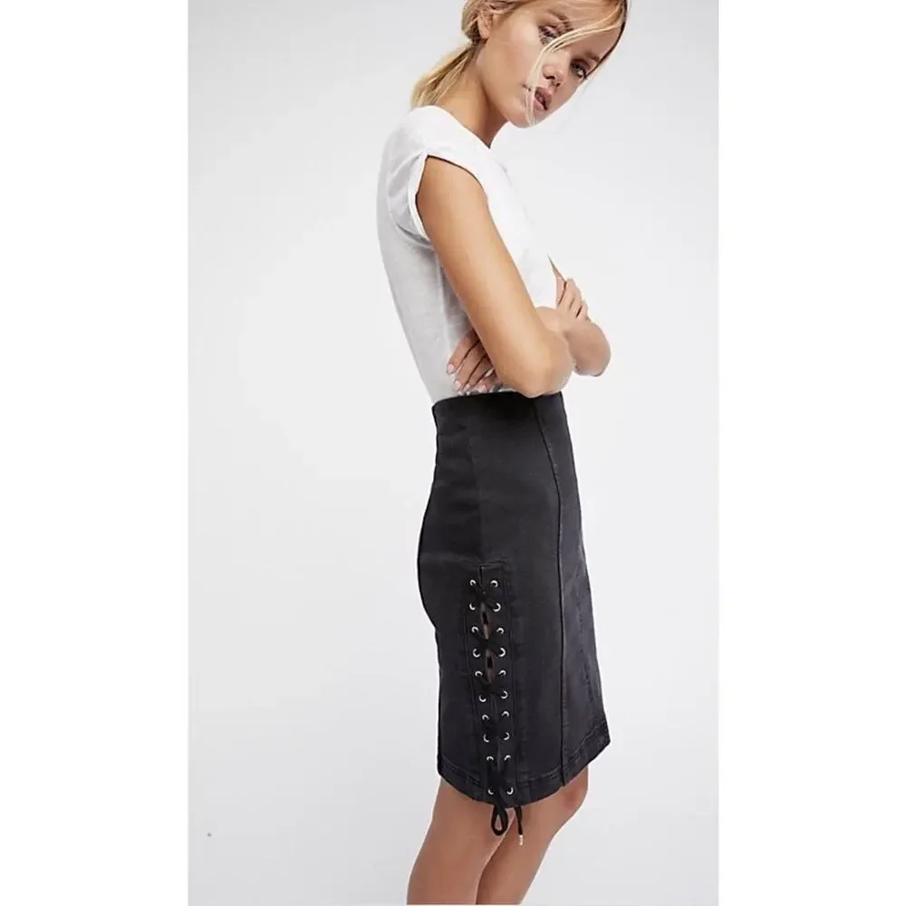 NWT Free People Black Denim Skirt Size 2 Lace Up Side Straight Pencil Edgy Goth